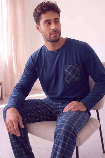 Navy Blue Ecru Plaid Patterned Elegant Men's Pajama Set