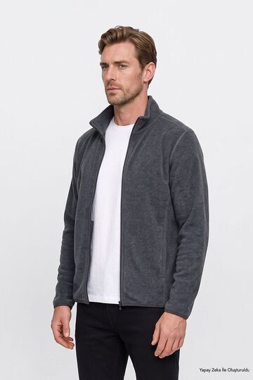 Men's Anthracite-melange Anti-pilling Non-pilling Standard Fit Stand-up Collar Sweatshirt Fleece Jacket