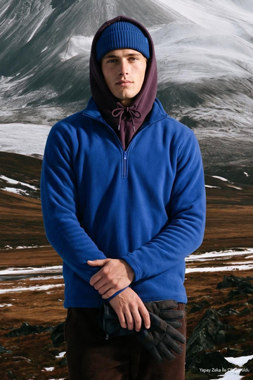 Men's Cobalt Blue Anti-pilling Non-Pilling Heat-Protecting Standard Fit Stand-Up Collar Fleece Sweatshirt