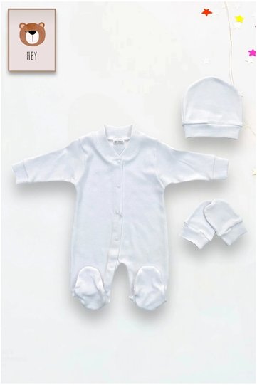 White plain patternless baby jumpsuit with gloves and front buttons and booties 3 pcs