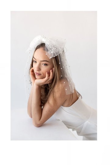 Wedding Hair Accessory, Modern Wedding Veil, Pearl Veil, Bow Tie Veil, Pearl Fabric