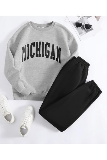 Unisex Gray Black Crew Neck Michigan Printed Tracksuit Set