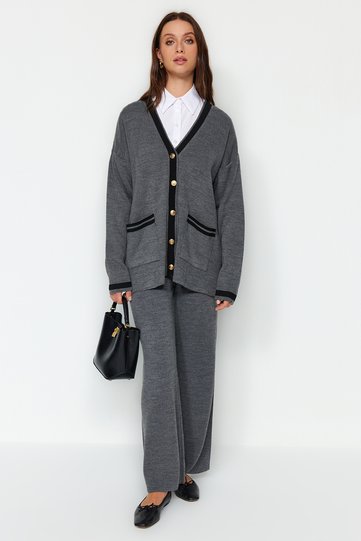Anthracite Color Blocked Gold Buttoned Pocketed Cardigan-Pants Knitwear Bottom-Top Set TCTAW24US00107