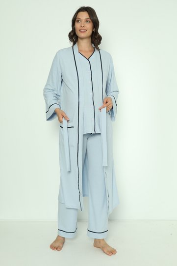 Baby Blue Buttoned Front Long Maternity and Maternity Pajamas Set