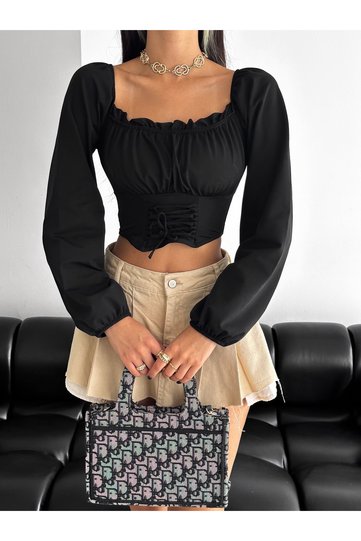 Women's Black Balloon Sleeve Tie-Detail Corset-Look Madonna Neck Scuba Fabric Cropped Blouse