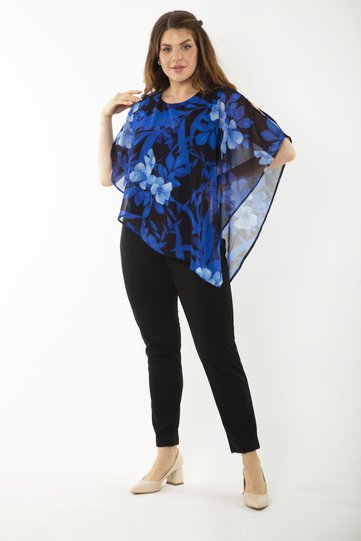 Women's Large Size Cobalt Blue Chiffon Jumpsuit with Cape 65N37266