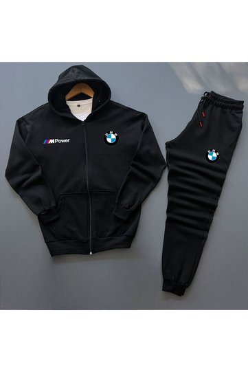Unisex Black Bmw Printed Zippered Cardigan Sweatpants Set