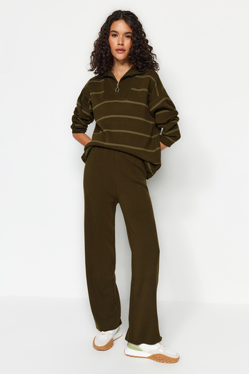 Khaki Wide Fit Zippered Knitwear Top and Bottom Set Twoaw24Au00025