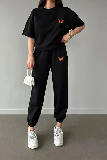 Colorful Butterfly Printed T-Shirt Sweatpants Top and Bottom Set RKBTEAÜT
