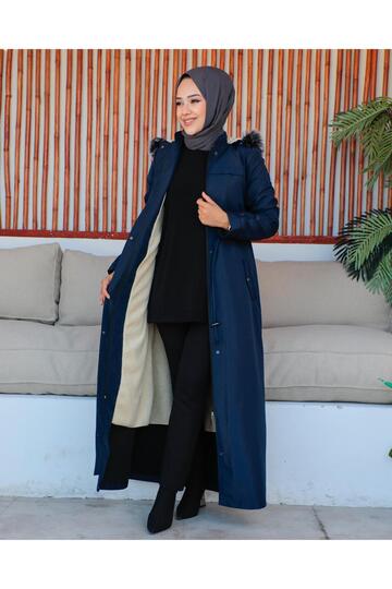 KMKKOMBİN WOMEN'S LONG BONDITE FABRIC DOUBLE POCKET FUR INSIDE HIJAB COAT ÖZALTAY