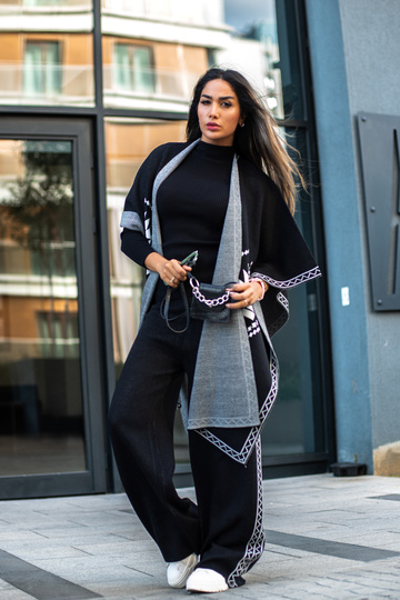 Women's Steel Knit Jacquard Poncho 3-Piece Set