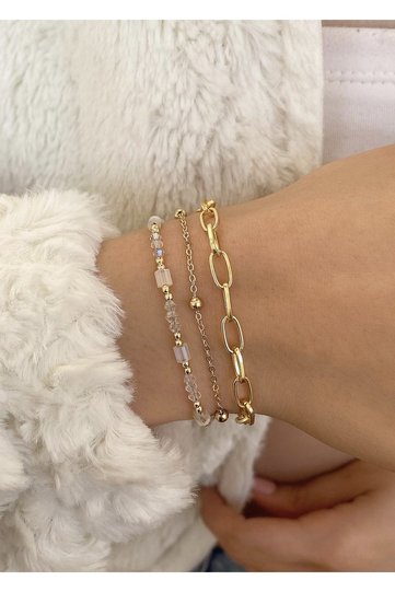 Women's cubic crystal 3-piece gold chain bracelet