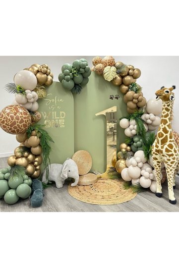Giraffe pattern, moss green, sea sand, safari themed balloon chain set, 100 pieces.