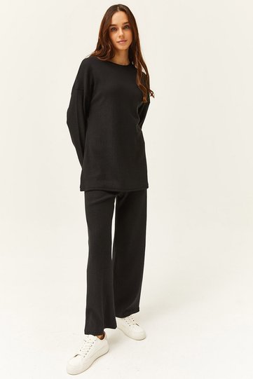 Women's Black Bottom Top and Ribbed Thick Suit TKM-19000242
