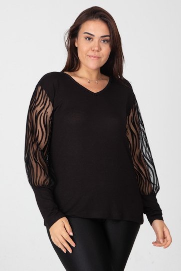 Women's Plus Size Black Blouse with Tulle Sleeves and Flocked Design 65n12468