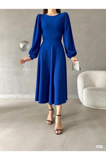 Women's Balloon Sleeve Skirt Detail Imported Crepe Fabric Dress (Colored)