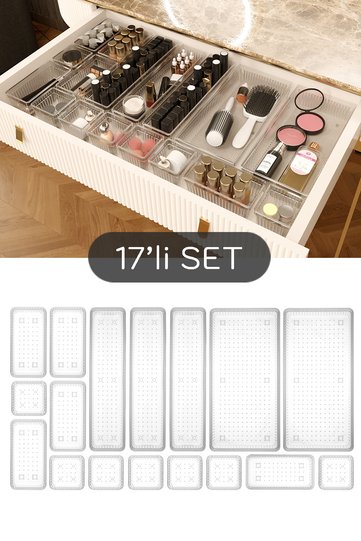 17 Piece Modular Organizer Box Set - Bathroom Cosmetic Accessory Organizer Transparent