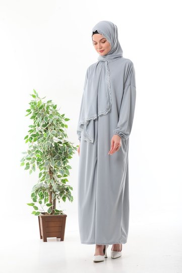 Lace headscarf, zippered prayer dress with elasticated cuffs to prevent slipping, grey.