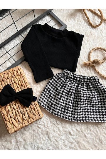 Baby Black Houndstooth Skirt-Blouse and Bandana Set