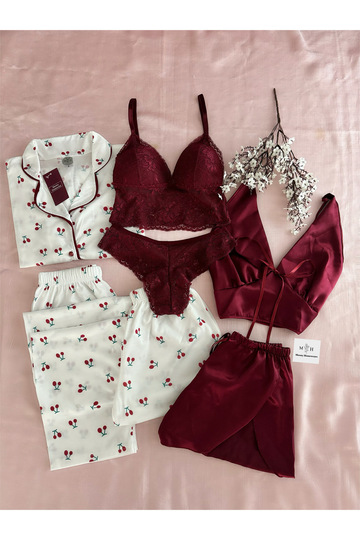 Boxed 7-Piece Sakura Satin Combed Cotton Pajama Set Lingerie Dowry Set