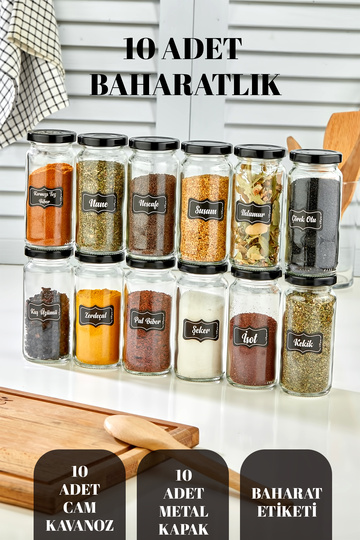 10 Glass Spice Jars - Spice Set with Metal Lids - Spice Label is Gifted