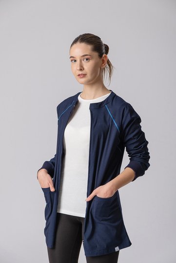 Bergama Women's Long Sleeve Navy Blue Single Top Lycra - Zippered - Doctor Nurse Uniform - Scrubs