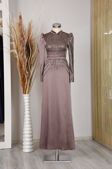Front Draped Applique Embroidered River Hijab Evening Dress Mink