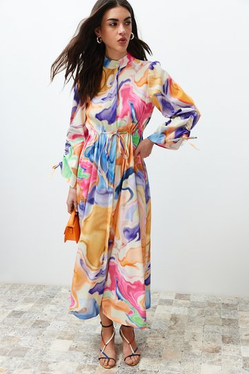 Multicolor Mandarin Collar String-Ruched Detail Abstract Woven Dress TCTSS24EB00103