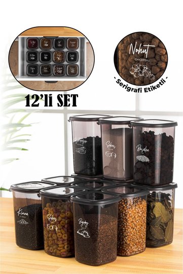 White Screen Printed Label 12-Piece Medium Size 1.2 Liter Square Food Storage Container Anthracite