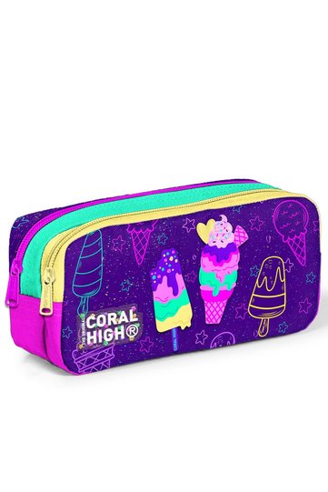Kids Purple Pink Ice Cream Patterned Two-Compartment Pencil Bag 12088