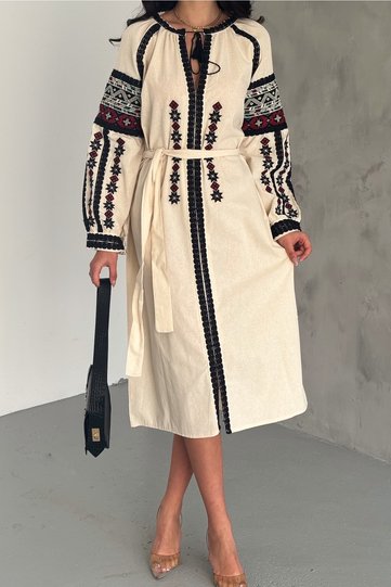 Women's Beige Belted Embroidered Dress