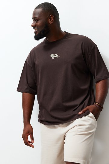 Plus Size Dark Brown Oversize Cotton T-Shirt with Animal Print and Embroidery TMNSS24BF00018