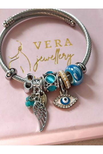 Zircon Stone Charm Bracelet - Adjustable Steel Evil Eye with Special Box