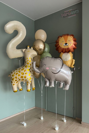 Beige Cream Number Balloon Soft Brown Colors Giraffe Lion Elephant Set Age Balloon
