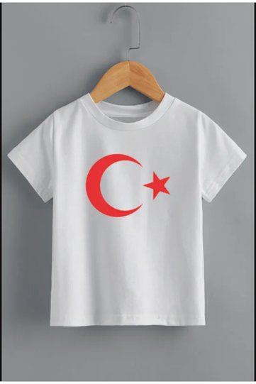 Children's Trend Model White Moon Star Turkish Flag Printed Cotton T-Shirt
