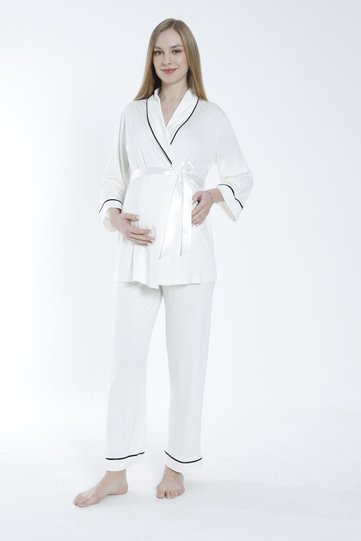 Pregnant and Maternity Pajamas Set with Front Tie and Stripe Collar