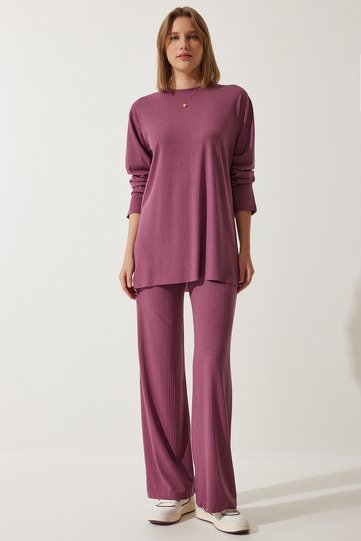 Women's Dusty Rose Corded Knitted Blouse Trousers Set KH00088