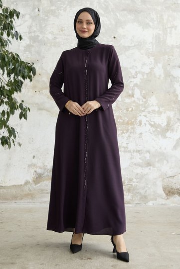 Sequential Stone Embroidered Ferace - Plum