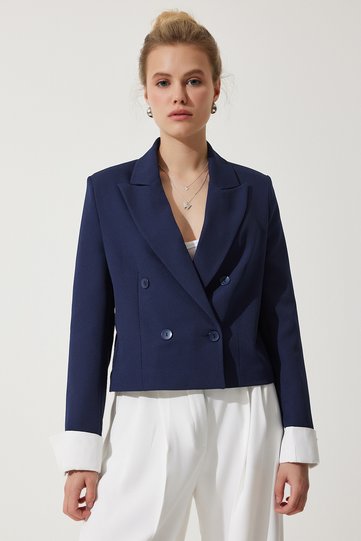 Women's Navy Blue Contrast Cuffed Short Blazer Jacket WF00070