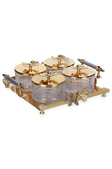 Bella Butterfly Covered, Handled, 4-Compartment Square Presentation Dish, Snack, Breakfast, Jam Bowl