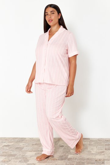 Pink Striped Binding Detail Sleep Mask Included Shirt Collar Knitted Pyjama Set TBBSS24AI00116