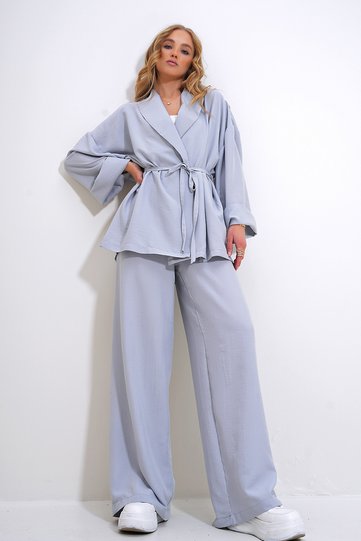 Women's Gray Wrinkled Look Blazer Jacket Bottom Top Suit Alc-X12433