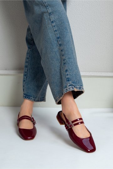 Gabriella Burgundy Patent Leather Toe Double Belt Detail Short Heeled Women's Ballerinas