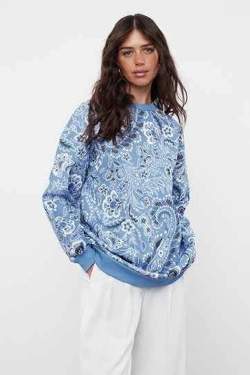 Blue Shawl Patterned Diver/Scuba Knitted Oversize Sweatshirt Tctss24Tw00008