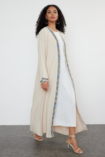 Stone Piped Detail Woven Cape & Ferace & Abaya & Kimono TCTSS24KF00033