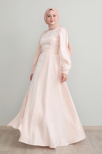 Silvery Powder Satin Dress with Stone Sash