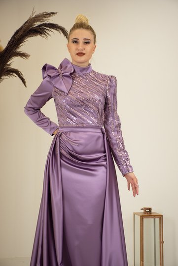Suede Hijab Evening Dress with Ruffled Shoulder with Portable Train