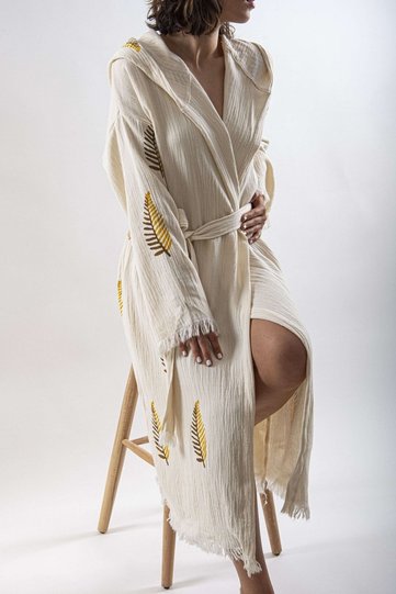 Peshtemal Bathrobe Pareo Cotton Beach Yellow Pine Leaf Pattern 1 Piece Unisex Beachwear Kimono Kaftan