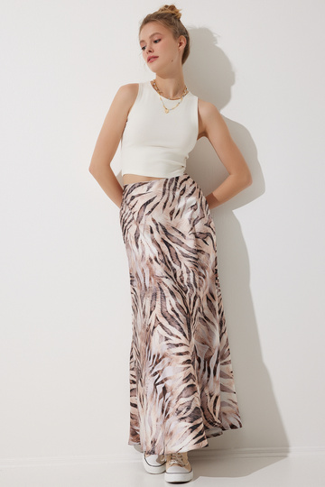 Women's Brown Cream Patterned Satin Surface Skirt Dd01320