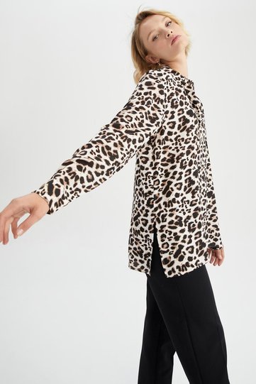Relax Fit Leopard Print Long Sleeve Viscose Shirt W4515Az22Au